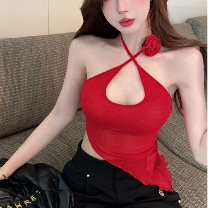 เสื้อครอป แดง+เข็มขัดดอกไม้ รหัส CN2659