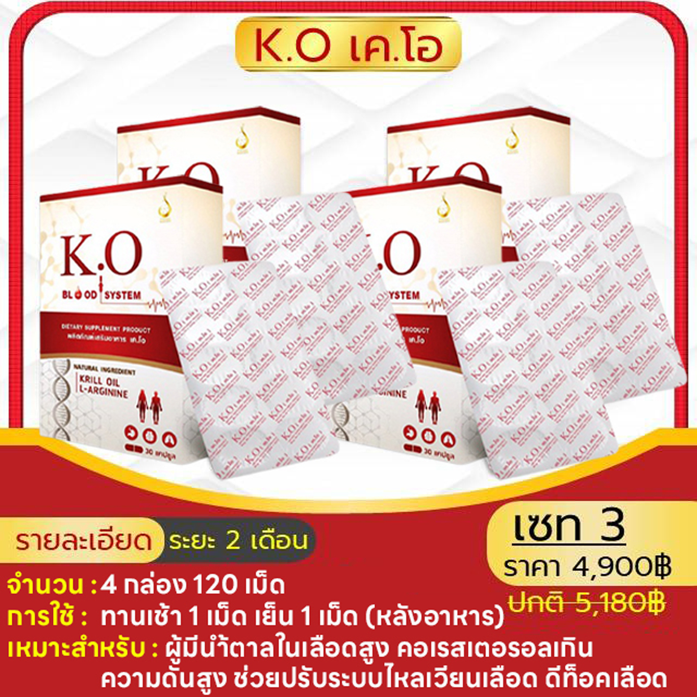 เค.โอ K.O ( 4 กล่อง ) ดูแลระบบไหลเวียนเลือด หน้ามืด บ้านหมุน เวียนหัว ไขมัน ความดัน เบาหวาน หัวใจ