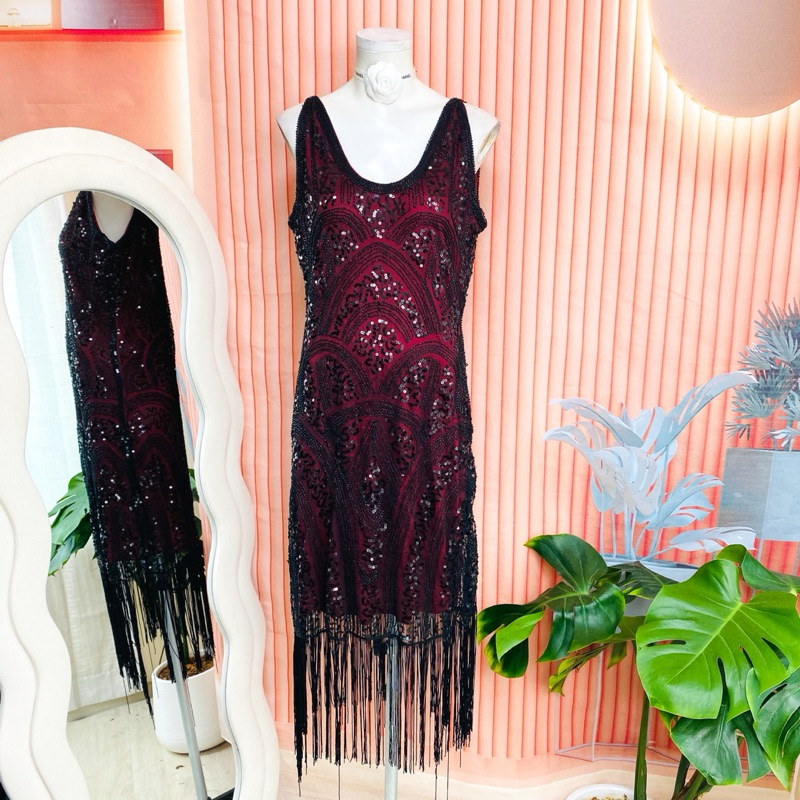 ไซด์ XL made in USA.🌸 แกสบี้ เดรส Gatsby งานเกล็ดวิบวับ สีแดงไวน์ ใส่ออกงาน ชุดราตรีแกสบี้ เดรสออกงาน ชุดปาร์ตี้