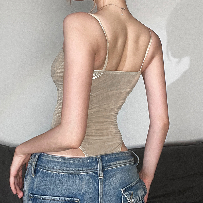 เสื้อครอป บอดี้สูท สีเงาเมทัลลิค CN28378 พร้อมส่งในไทย