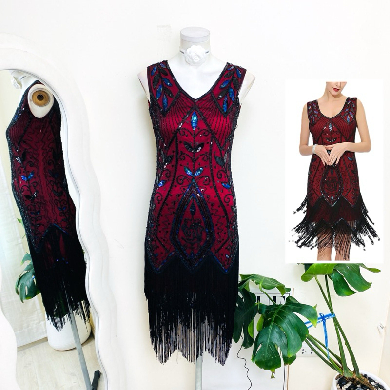 ไซด์ XS/XXL แบรนด์ Met แท้ 100%🌸แกสบี้ แต่งตุ้งติ้ง 2 ชั้น เดรส Gatsby งานเกล็ดวิบวับ สีแดง/ดำ ชุดราตรีแกสบี้ ชุดปาร์ตี้