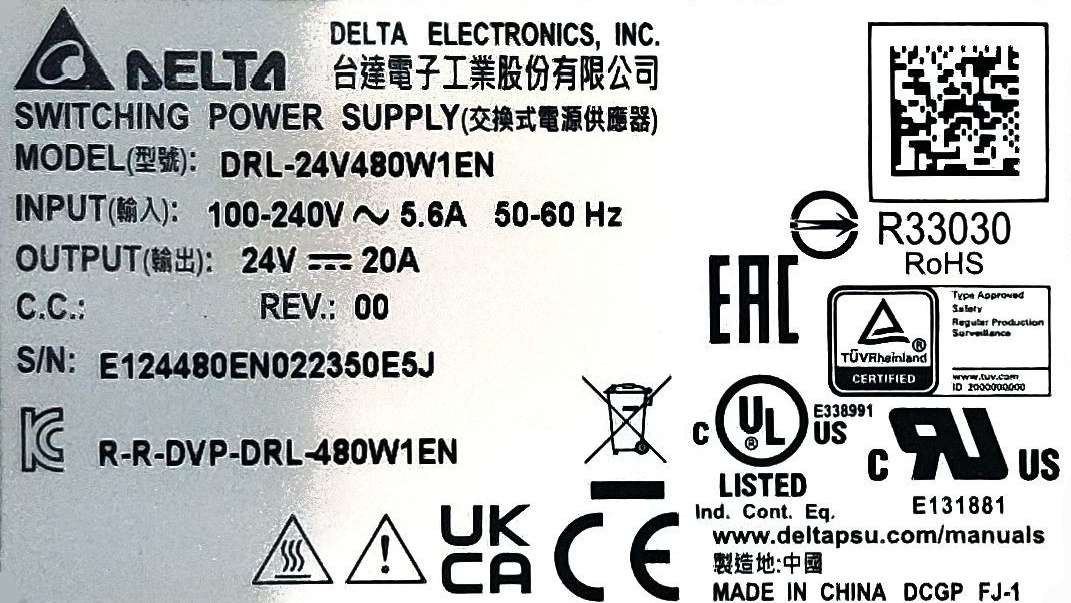 DRL-24V480W1EN Output 24V/20A (480W) Delta Power Supply