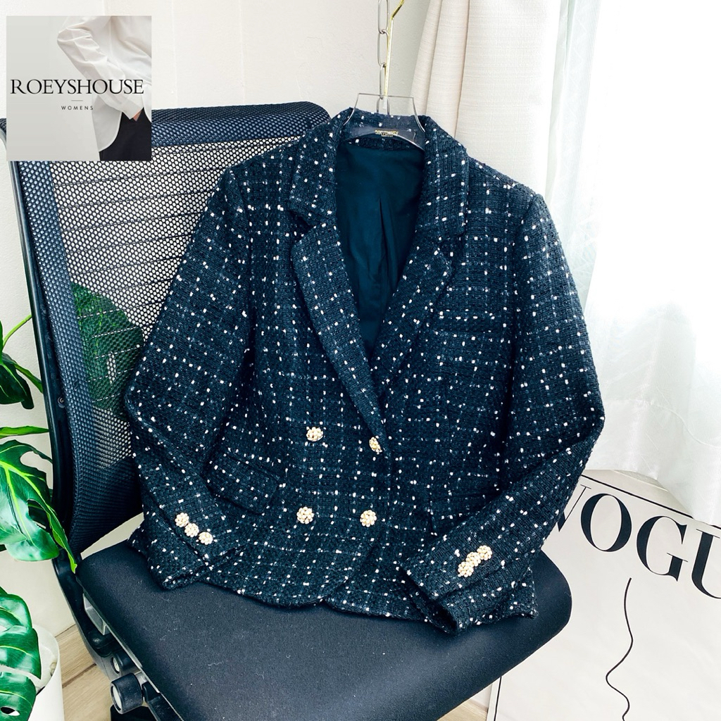 ไซด์ S แบรนด์ Roeyshouse แท้ 100%🌸เสื้อแขนยาวผ้าทวิต กระดุมหน้า ผ้าทวิต Tweed งานวิบวับ สีดำ ใส่ออกงาน ชุดปาร์ตี้