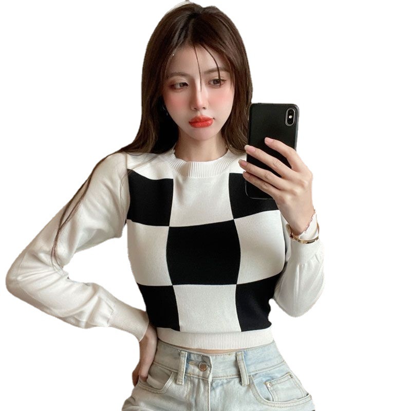 เสื้อแขนยาว ไหมพรม ครอปตาราง รหัส A308