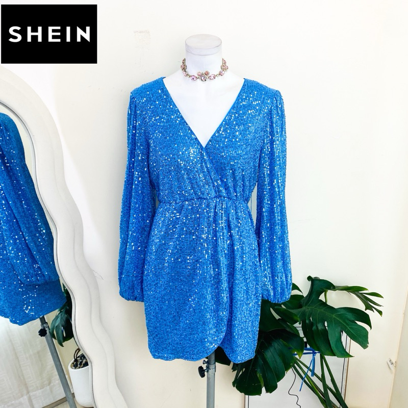 ไซด์ M แบรนด์ Shein แท้ 100%🌸เดรส เอวจั๊ม แขนยาว งานเกล็ดวิบวับ สีฟ้า ใส่ออกงาน ทรงเข้ารูป เดรสออกงาน ชุดปาร์ตี้