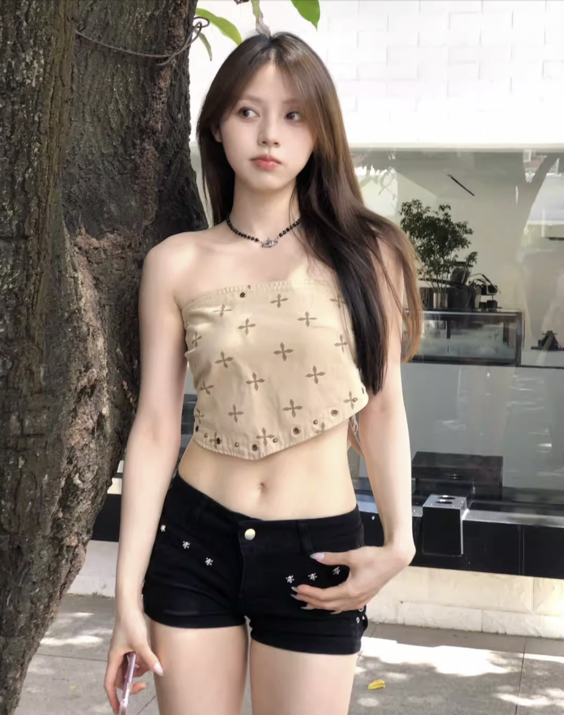 กางเกงขาสั้น เอวต่ำ แต่งหมุด KT8878 พร้อมส่งในไทย