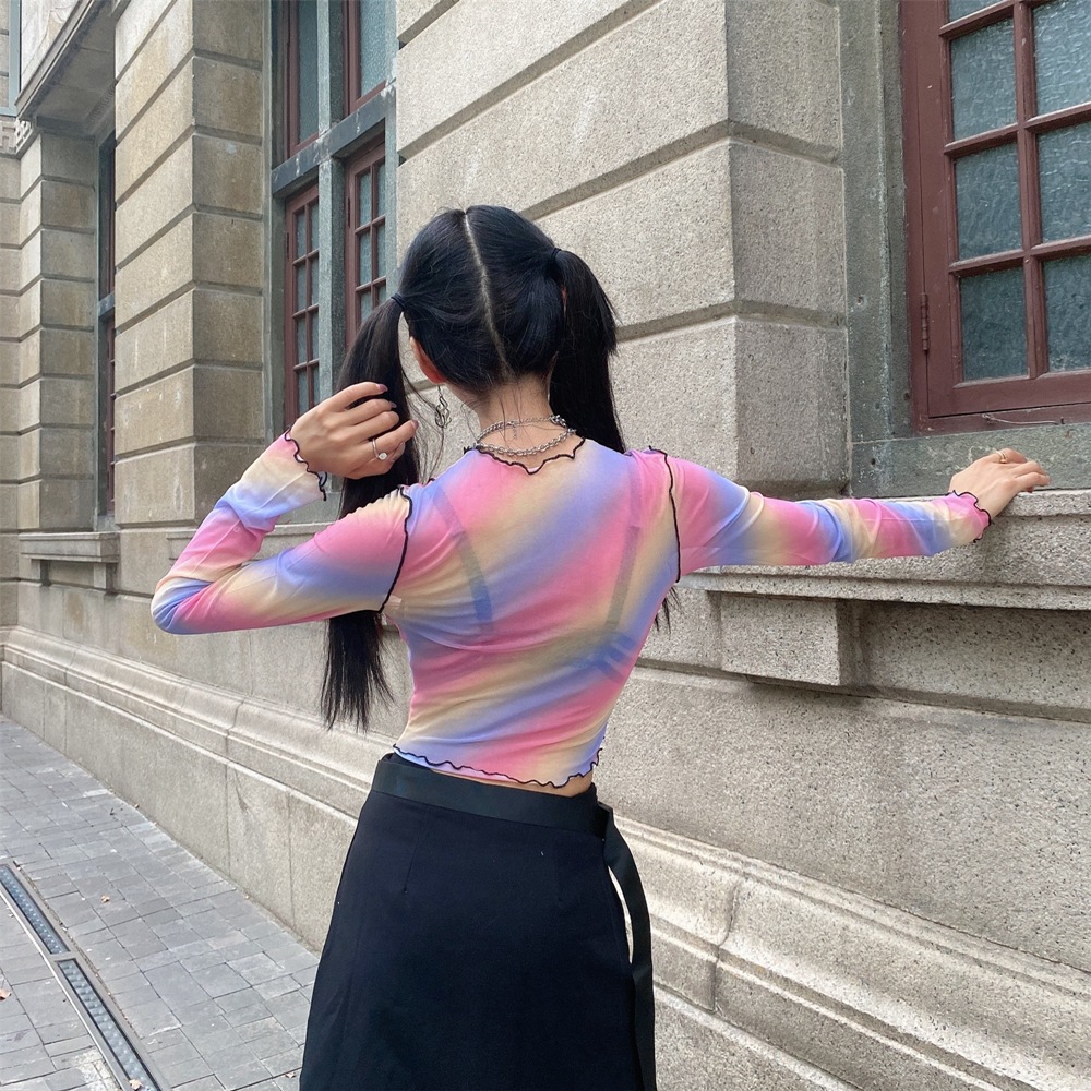 เสื้อครอป แขนยาว ซีทรู พาสเทล รหัส EDM002