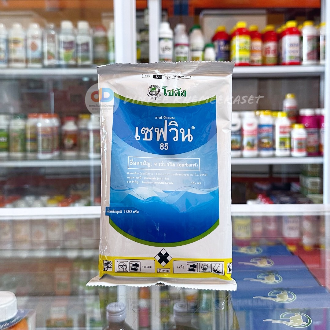 เซฟวิน 85 สาร คาร์บาริล 85%WP 100 กรัม สารกำจัดชนิดถูกตัวตายกินตาย กำจัดแมลงได้หลายชนิด เช่น เพลี้ยไฟ เพลี้ยจักจั่น ด้วงเต่าแตงแดง