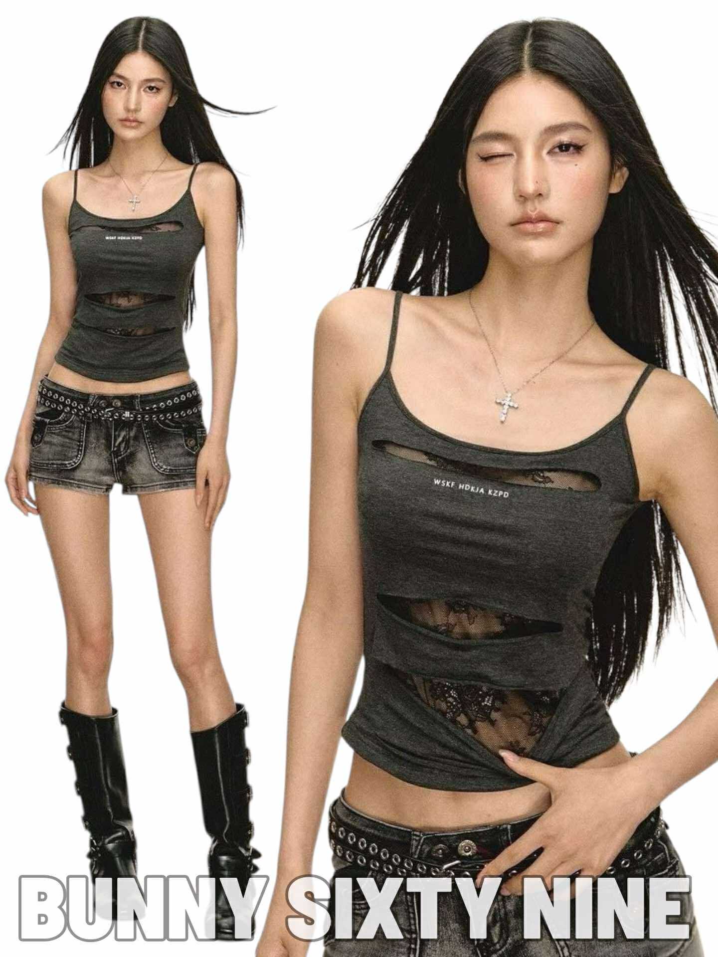 เสื้้อเสื้อครอป แต่งขาดลูกไม้ พร้อมส่งในไทย