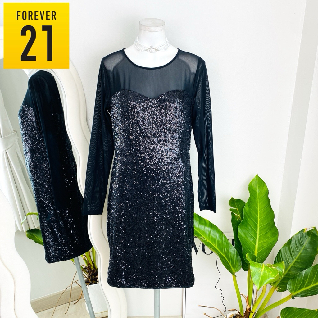 ไซด์ L แบรนด์ Forever21 แท้ 100%🌸เดรส ซีทรูช่วงไหล่ งานเกล็ดวิบวับ สีดำ ใส่ออกงาน ทรงเข้ารูป เดรสออกงาน ชุดปาร์ตี้(3)