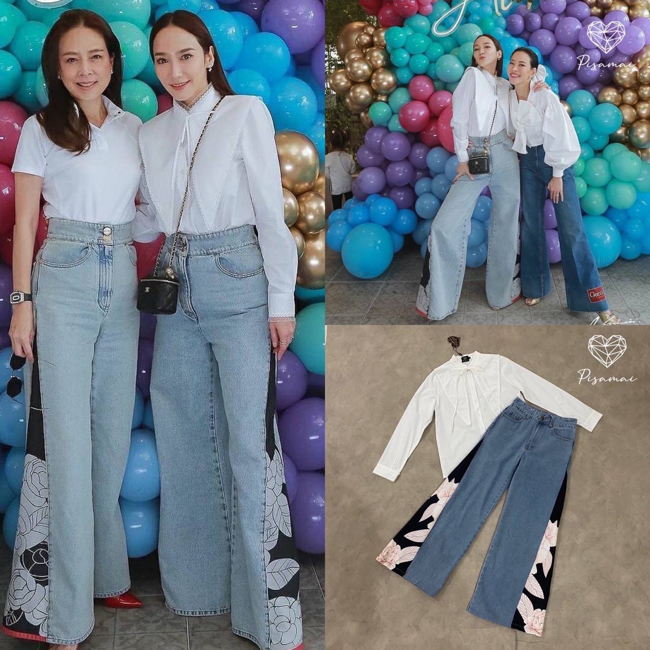 💕 S 💕 PISAMAI เซ็ตเสื้อเชิ้ตแขนยาวคอปกสีขาว กางเกงขาม้าแต่งลายดอกไม้สีดำด้านข้าง