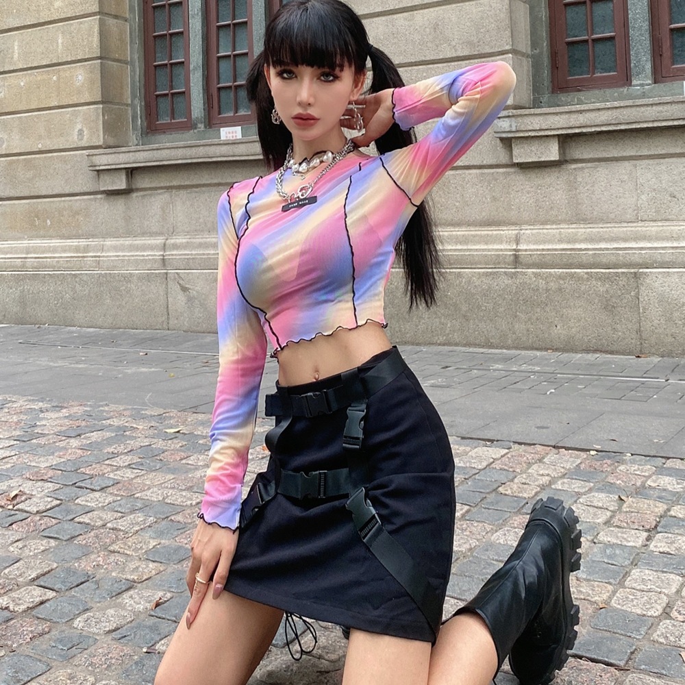 เสื้อครอป แขนยาว ซีทรู พาสเทล รหัส EDM002