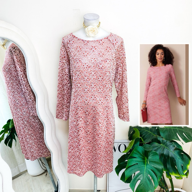 ไซด์ 3XL แบรนด์ Caldalie แท้ 100%🌸เดรส ปักปล้อง ลูกไม้ คลุมเข่า งานเกล็ดวิบวับ สีส้มอ่อน เดรสลูกไม้ เดรสออกงาน