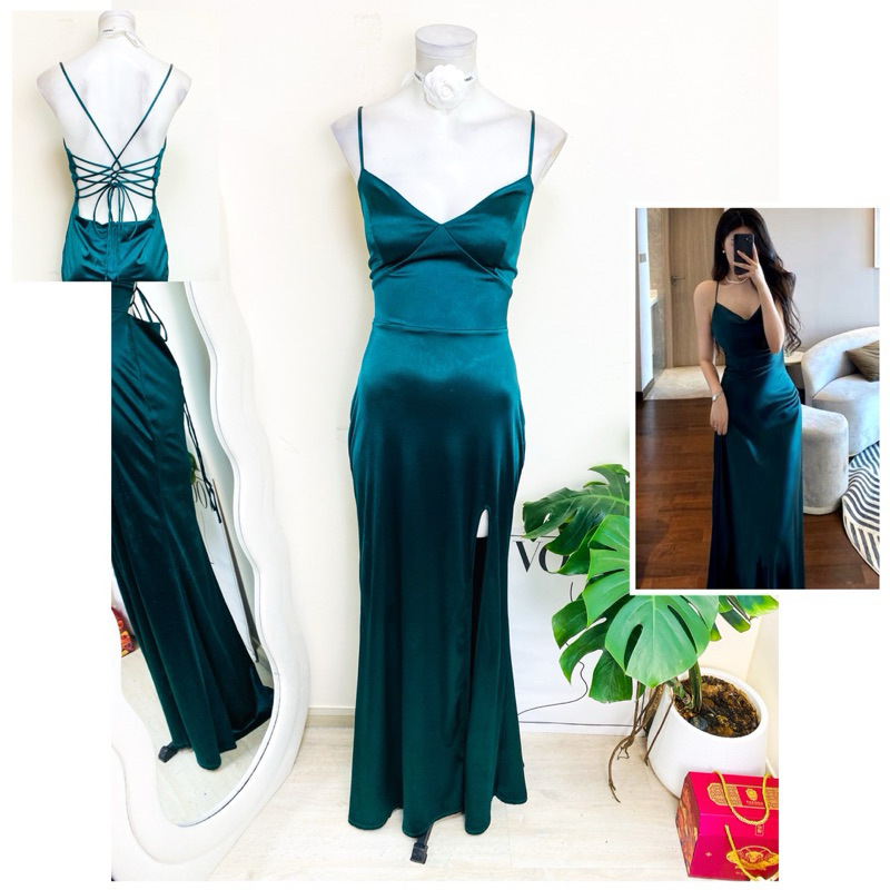 ไซด์ M แบรนด์ City vibe แท้100% 🌸Maxi dress เดรสยาว สานหลัง งานเกล็ดวิบวับ สีเขียวหัวเป็ด เดรสออกงาน ชุดปาร์ตี้
