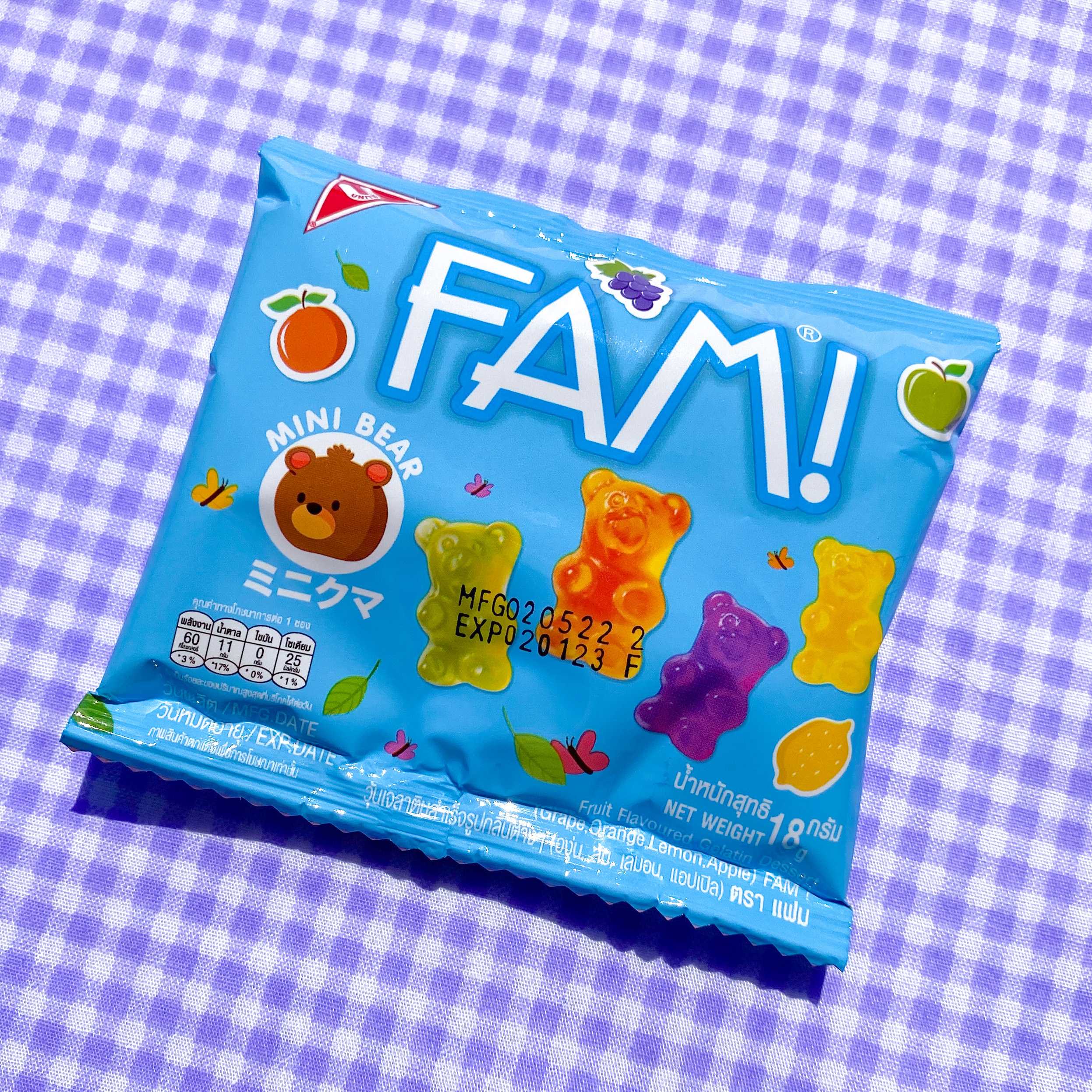 8852047270074 แฟม เยลลี่หมี รสผลไม้รวม 18กรัม.