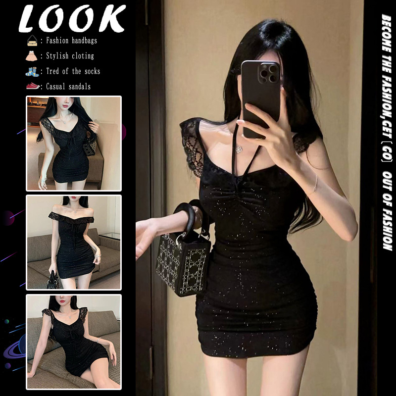ชุดเดรสสั้น เเขนลูกไม้ กากเพชร เข้ารูป รหัส CN2372 พร้อมส่งด่วนในไทย
