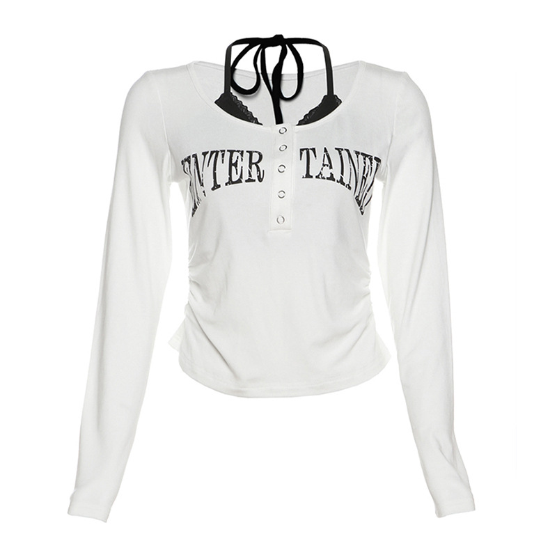 เสื้อครอป แขนยาว แต่งสายคล้องคอ CN59279 สินค้าพร้อมส่ง