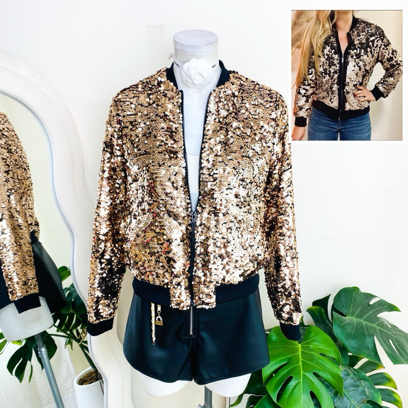 ไซด์ S-M แบรนด์ Runway แท้ 100%🌸แจ็คเก็ต Jackets เบสบอล เสื้อคาร์ดิแกน งานเกล็ดวิบวับ สีคอปเปอร์ ใส่ออกงาน ชุดปาร์ตี้