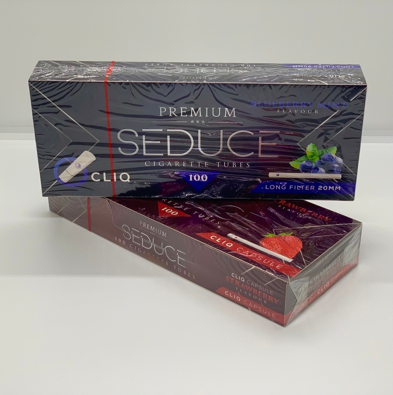 Seduced 2 กล่อง ก้นกรองบุหรี่ รุ่นเม็ดบีบเย็น กลิ่น บลูเบอร์รี่ , สตอเบอรี่ รวม 200 มวน ความยาว 20 มม.