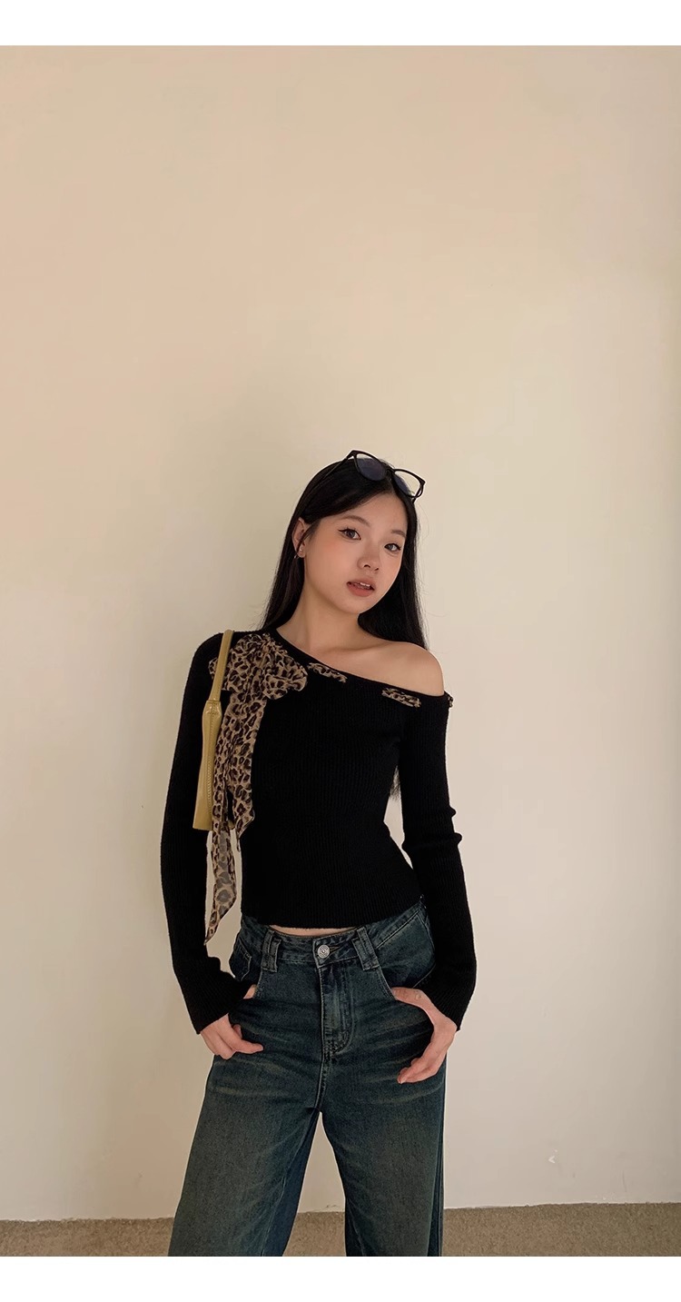 เสื้อแขนยาว ไหมพรม แต่งผ้าลายเสือ ผ้านิ่มยืด รหัส CN2087