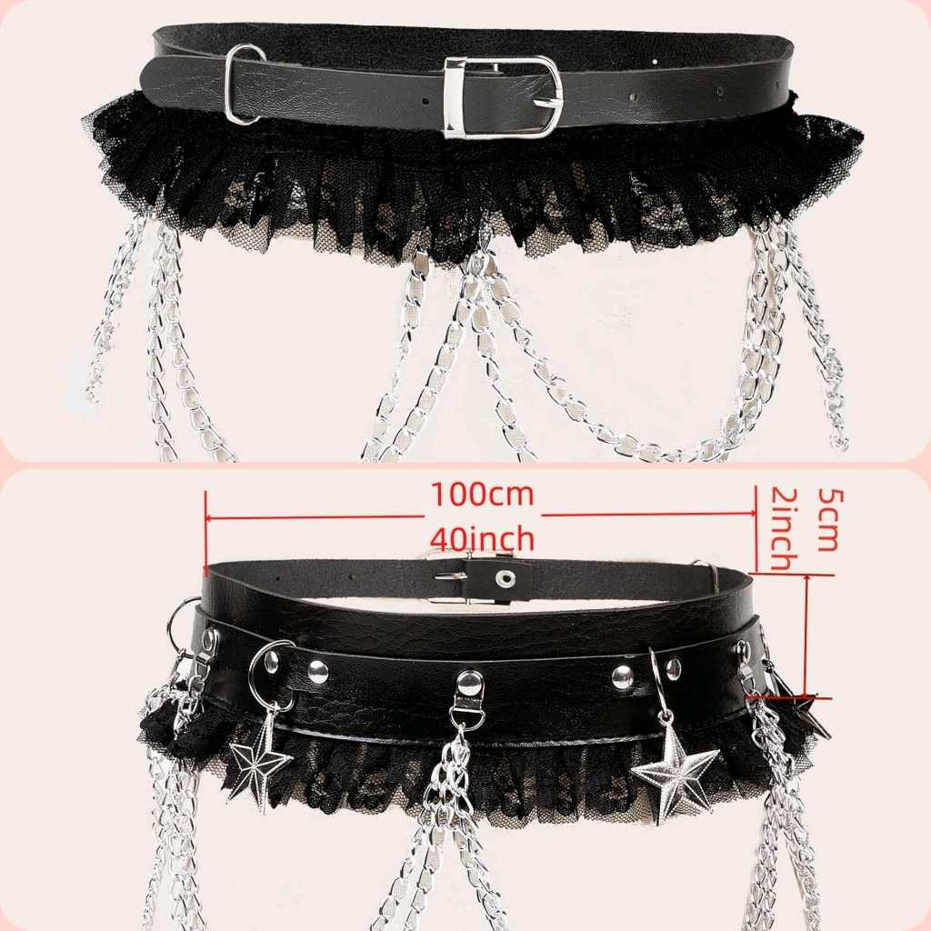 เข็มขัด Punk โซ่สีเข้มสำหรับผู้หญิง แต่งลูกไม้ แฟชั่นอเนกประสงค์ CG021