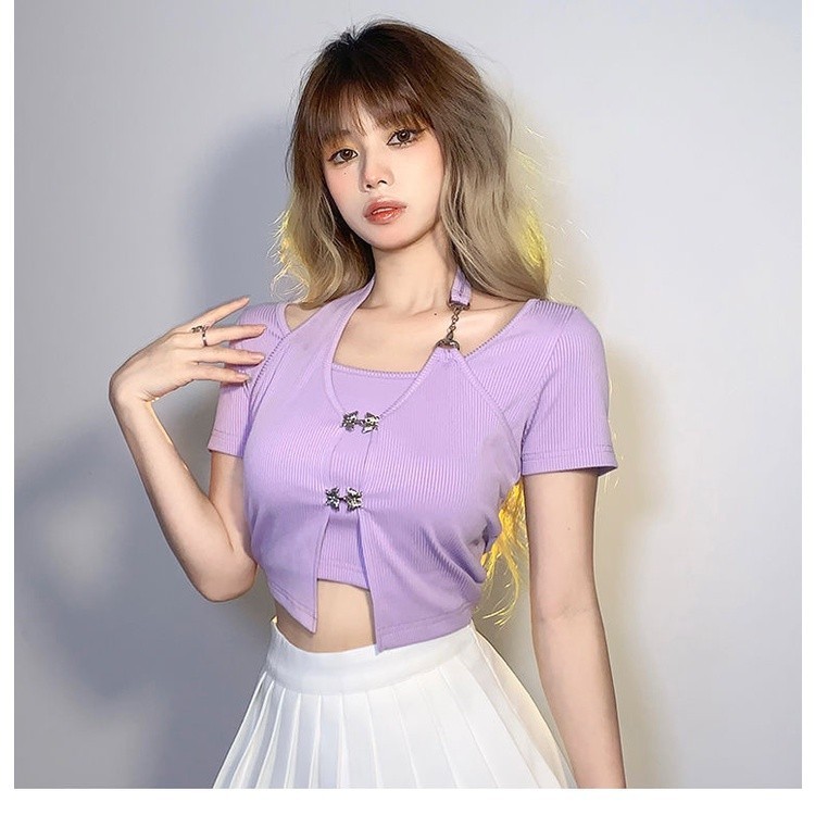 เสื้อยืดแขนสั้น แต่งสายโซ่ สไตล์เกาหลี CN1193