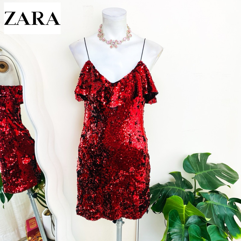 ไซด์ M แบรนด์ ZARA แท้ 100%🌸เดรส แต่งระบายอก งานเกล็ดวิบวับ สีแดง ใส่ออกงาน ทรงเข้ารูป เดรสออกงาน ชุดปาร์ตี้(11)
