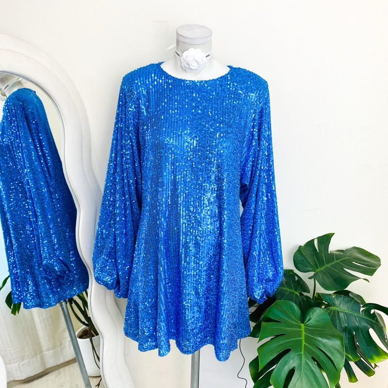 ไซด์ XXL แบรนด์ in the style แท้ 100%🌸เดรส แขนอลัง งานเกล็ดวิบวับ สีฟ้า ใส่ออกงาน ทรงเข้ารูป พลัสไซด์ เดรสสาวอวบ(10)
