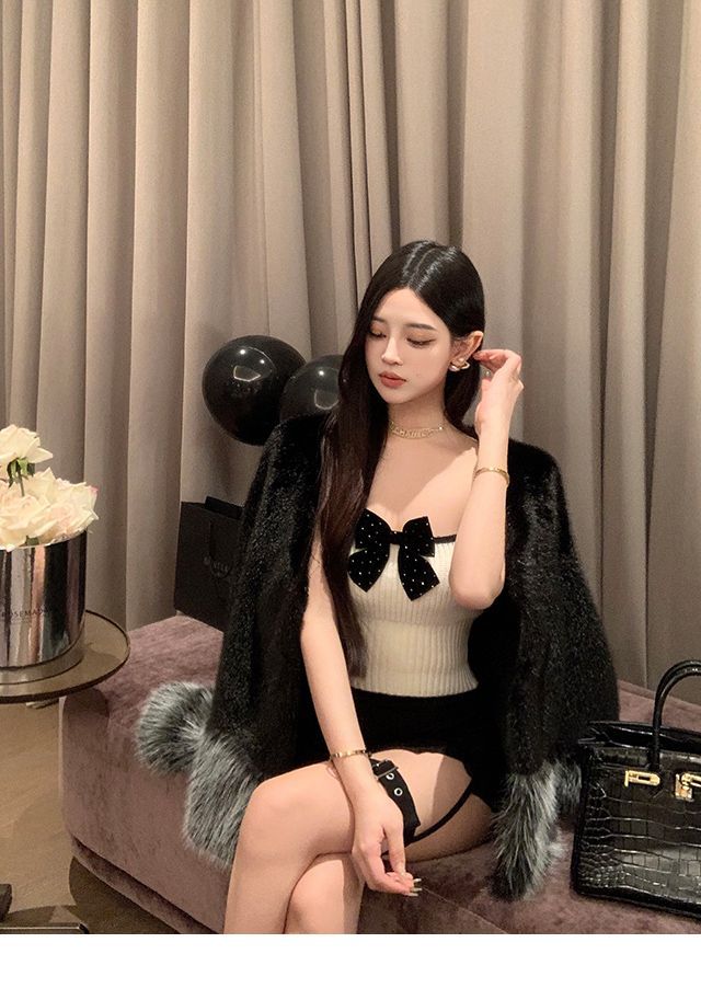 เสื้อครอป สายเดี่ยว โบว์หน้า พร้อมส่ง CN10251