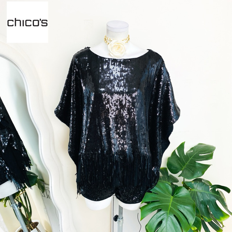 ไซด์ XXLแบรนด์ chico แท้ 100%🌸เสื้อ แต่งตุ้งติ้ง ครอป งานเกล็ดวิบวับ สีดำสนิท ใส่ออกงาน ชุดออกงาน ชุดปาร์ตี้ วันเกิด