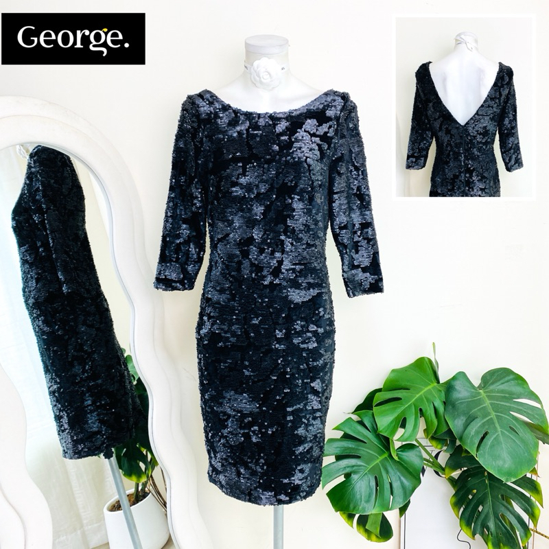 ไซด์ M แบรนด์ George แท้ 100%🌸เดรส ผ้ากำมะหยี่ โชว์หลัง ทรงดินสอ งานเกล็ดวิบวับ สีดำ ใส่ออกงาน เดรสออกงาน ชุดปาร์ตี้(27)