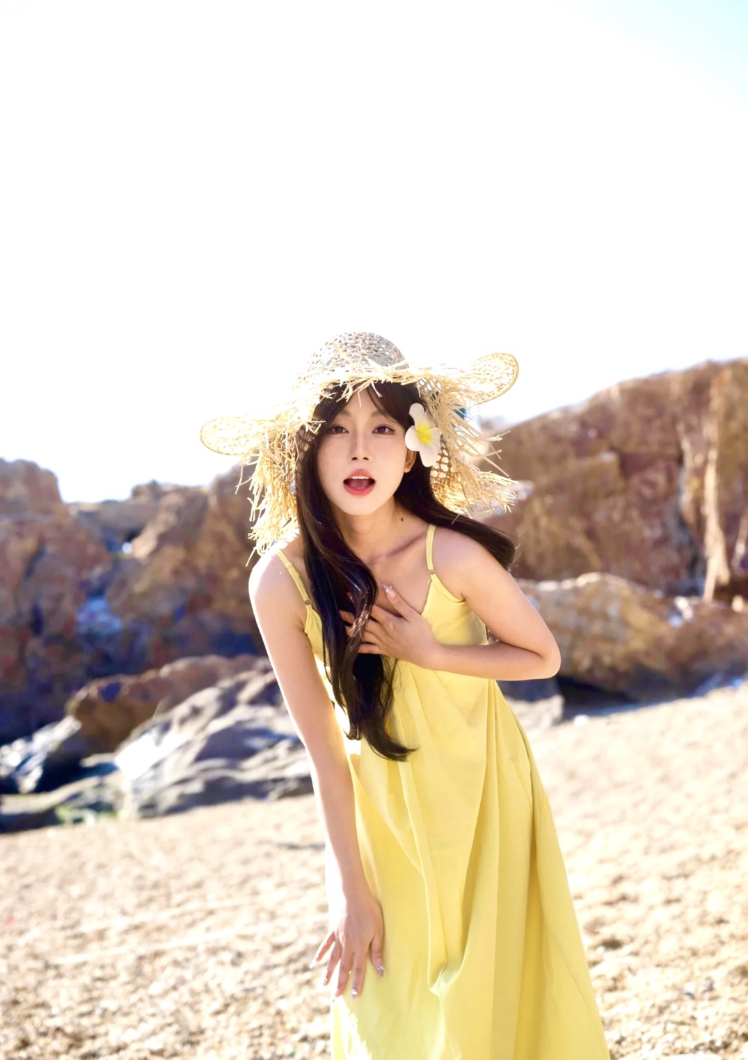 เดรสยาว สายเดี่ยว เหลืองสด สไตล์เกาหลี CN8968