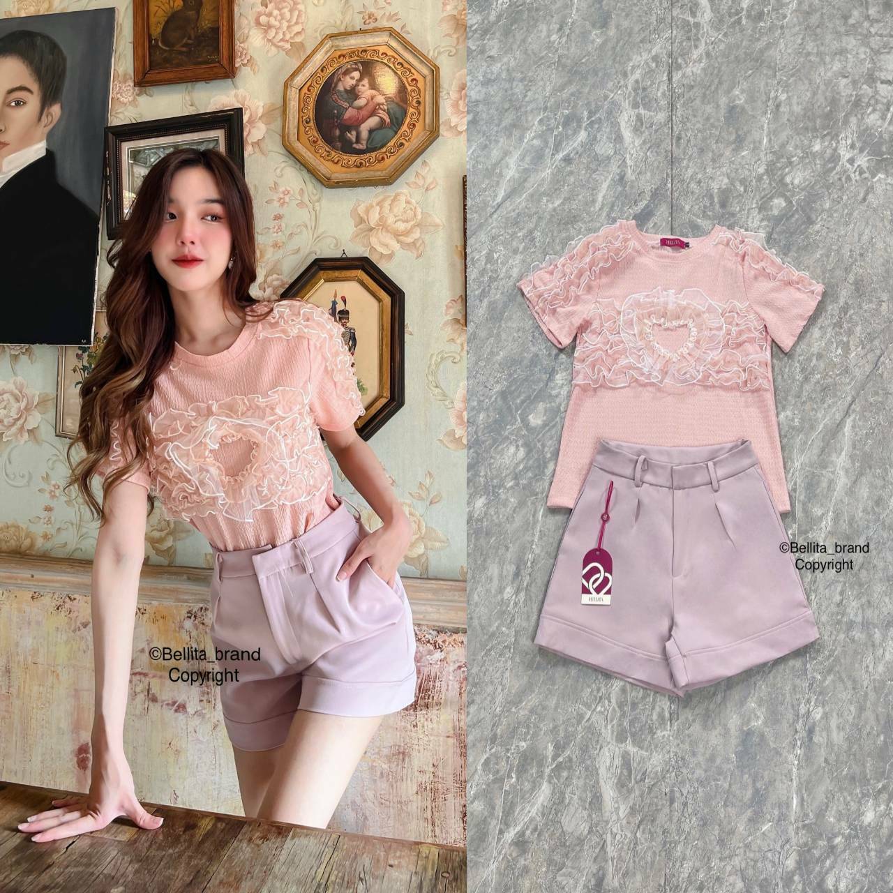 🍒 S 🍒 ป้าย Bellita เซ็ทเสื้อยืดสีพีชน่ารักหวานๆกับกางเกงสีม่วงหวานเอวสูง