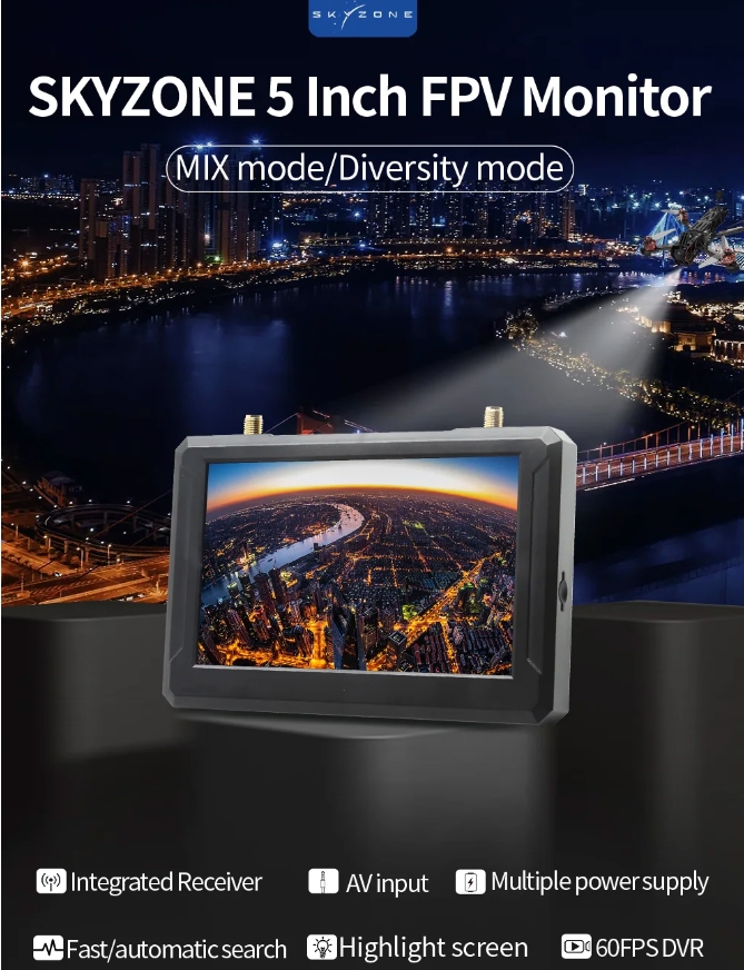 SKYZONE M5 FPV Monitor with DVR 5-inch monitor support 2-6S Lipo 1cell 18650 Type-C USB จอรับภาพ