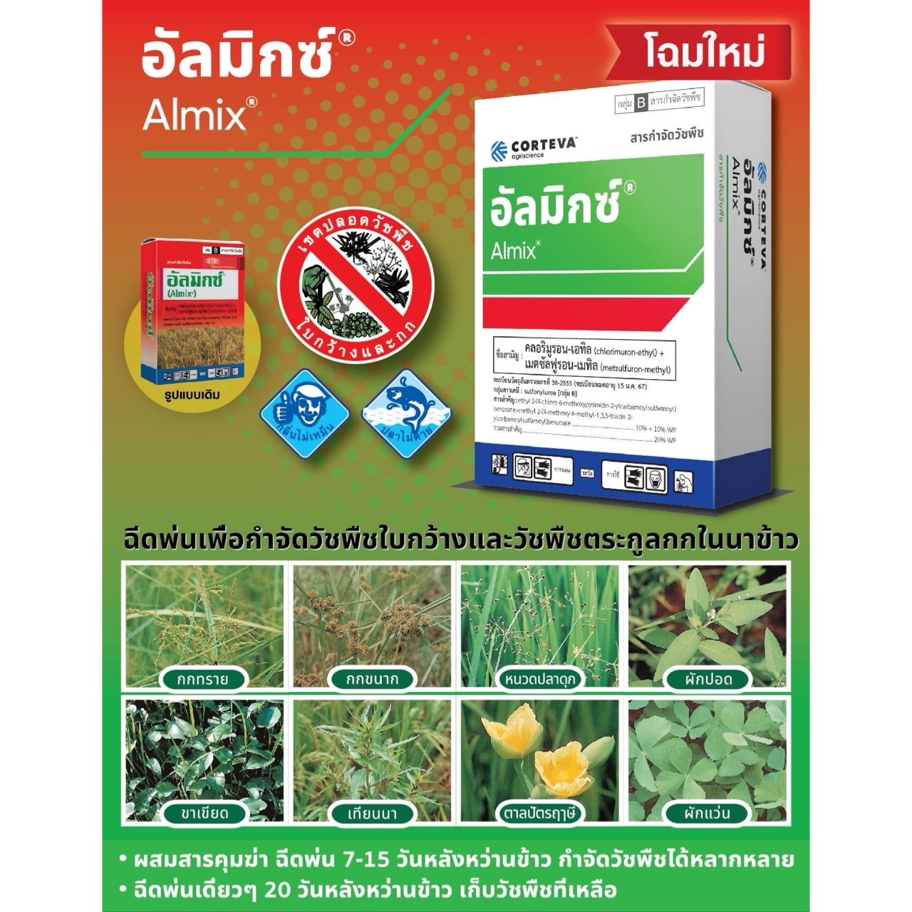 (1 กล่อง 12 ซอง) อัลมิกซ์ คลอริมูรอน -เอทิล+เมตซัลฟูรอน-เมทิล ขนาด 1.5 กรัม ใช้กำจัดหญ้าแห้วหมู ในสนามหญ้า พืชใบกว้าง