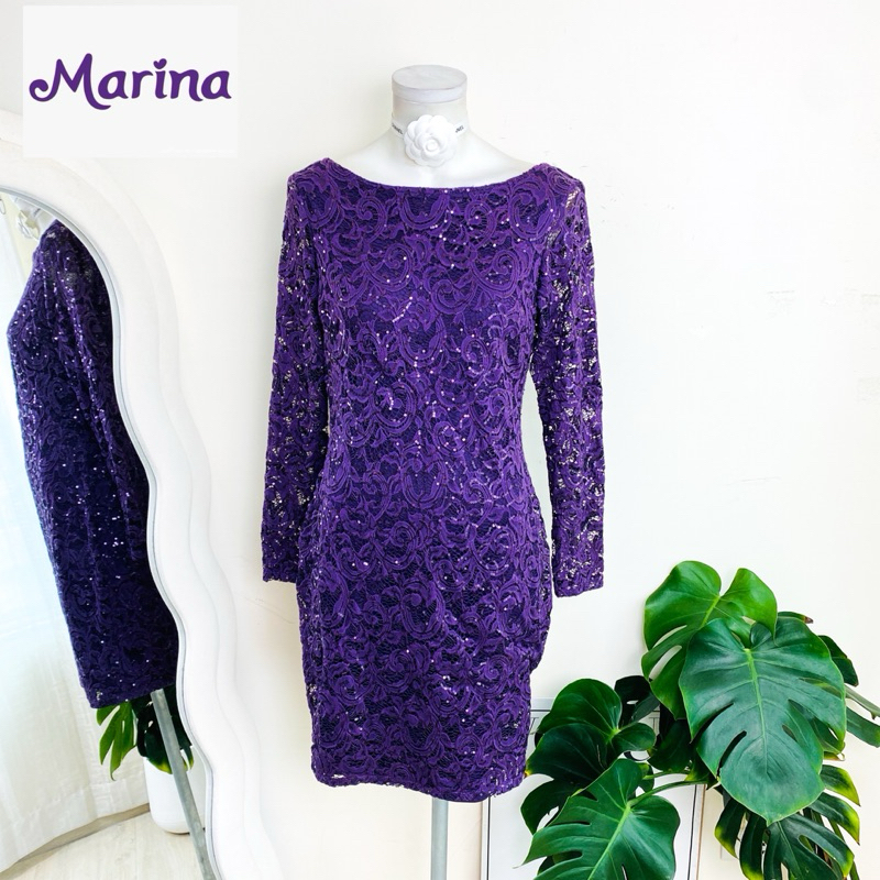 ไซด์ M แบรนด์ Marina แท้ 100%🌸เดรส แขนยาว งานเกล็ดวิบวับ พรีเมี่ยม สีม่วง เดรสลูกไม้ เดรสใส่ออกงาน พร้อมส่ง