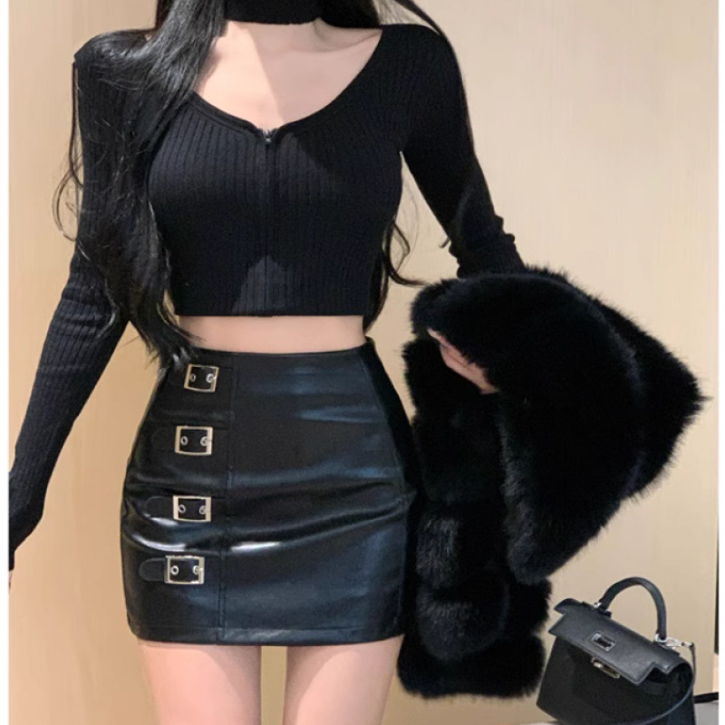 กระโปรงหนัง แต่งดีเทลเข็มขัด พร้อมส่งในไทย