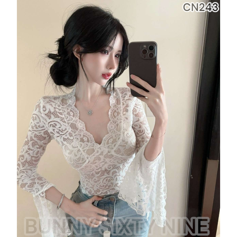 เสื้อลูกไม้ แขนยาว ซีทรู แขนกระดิ่ง รหัส CN243