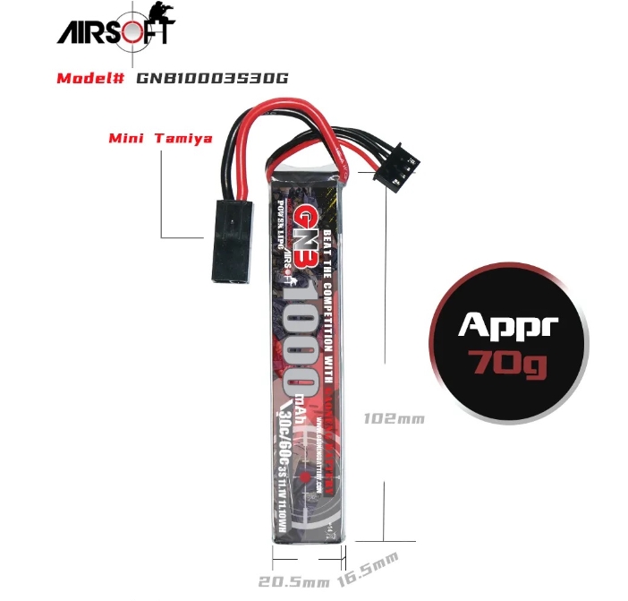 AirSoft Battery GAONENG GNB 3S 11.1ฮV 1000mAh - 1500mAh 30C Mini Tamiya Plug แบบรวมเซล และ แบบแยกเซล