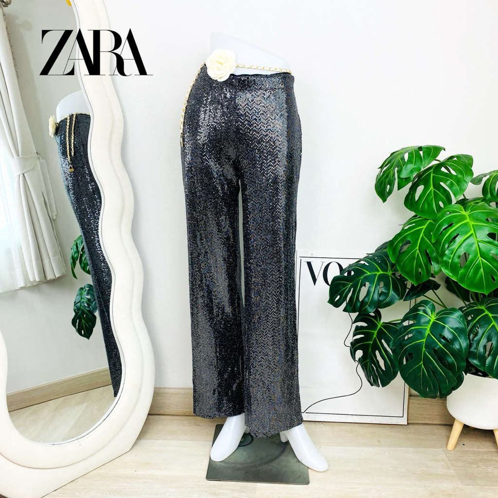 ไซด์ M แบรนด์ zara แท้ 100%🌸กางเกง เอวสูง งานเกล็ดวิบวับ สีเทา เมทาลิค ใส่ออกงาน ชุดออกงาน ชุดปาร์ตี้