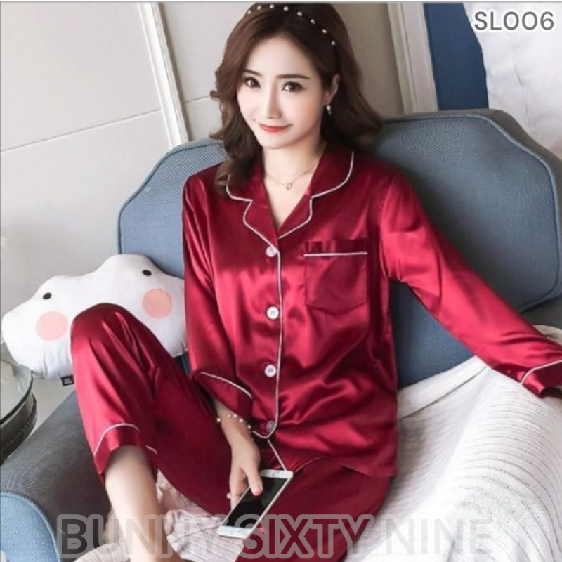 ชุดนอน ซาติน เสื้อแขนยาว+กางเกงขายาว พร้อมส่ง