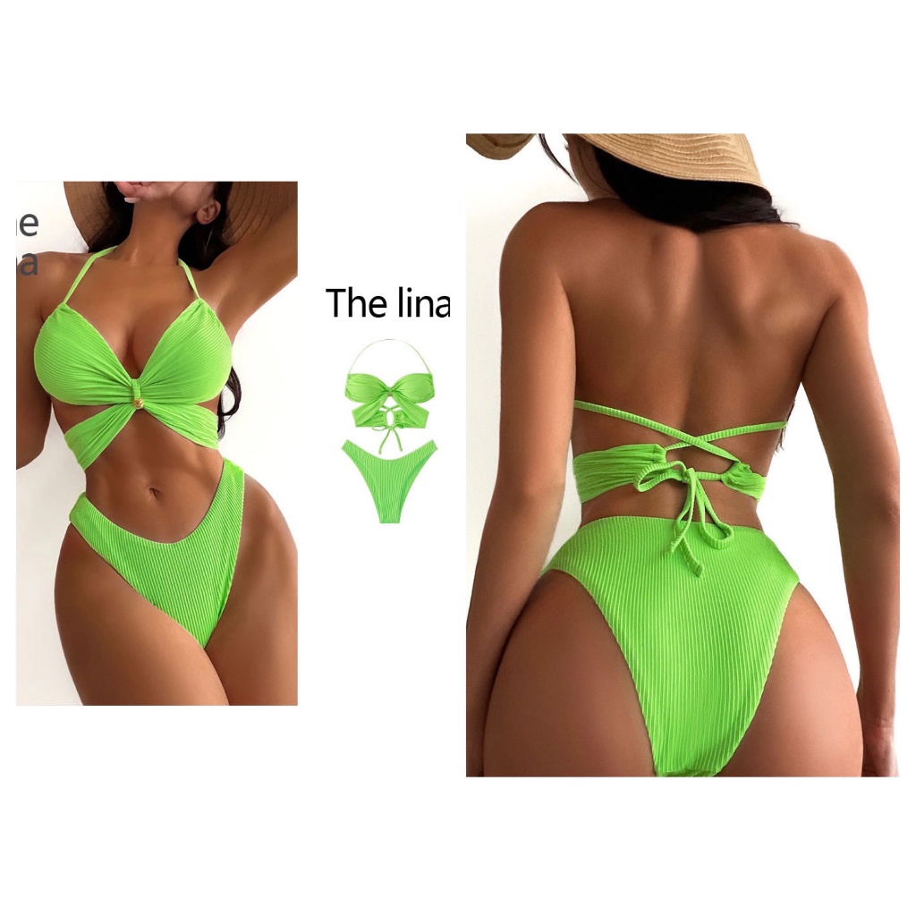 ชุดบิกินี่ สายฝอ เขียวมะนาว สีส้มจี๊ด