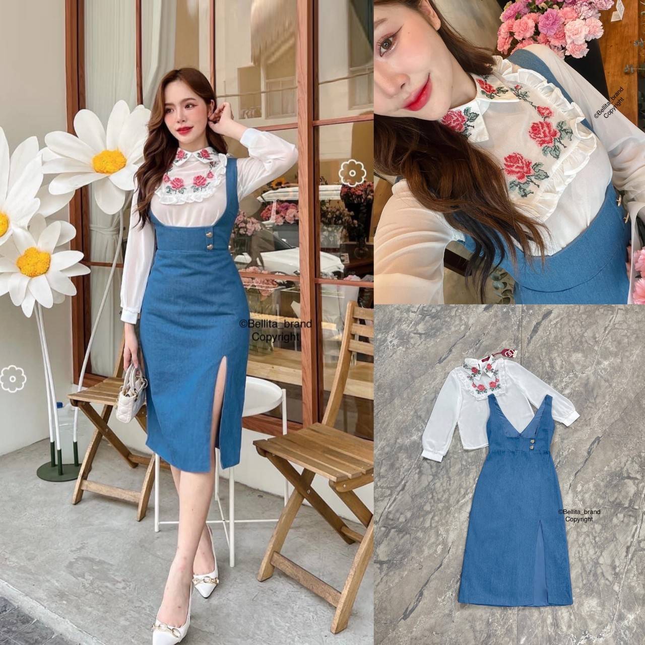 🍒 XS 🍒 ป้าย Bellita เซ็ทเอี๊ยมรุ่นปัง เสื้อสีขาวคอปกกับเอี๊ยมสีฟ้า แต่งกระดุมหัวใจสีทอง