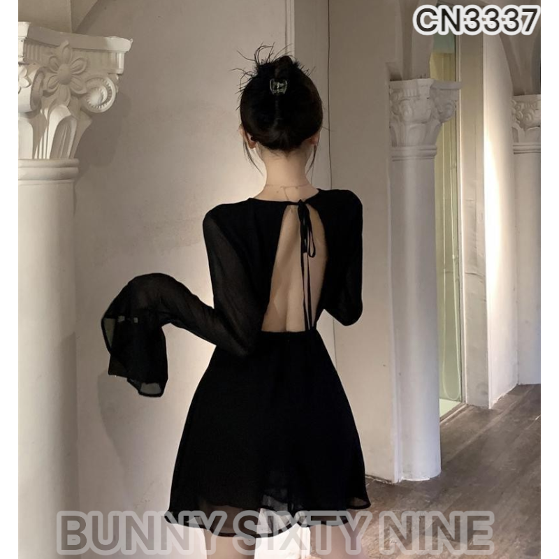 เดรสดำ โชว์หลัง ผ้าชีฟอง ท่อนบนซีทรู รหัส CN3337