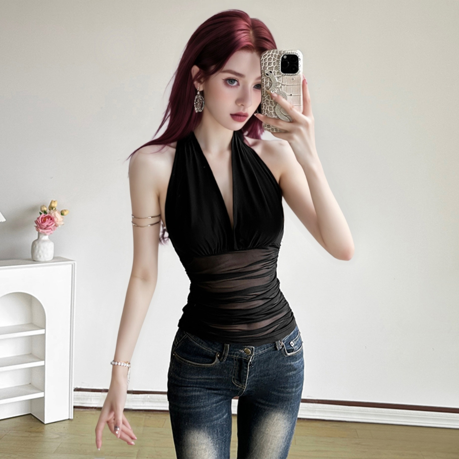 เสื้อครอป คล้องคอ ผ้าซีทรูเซ็กซี่ CN65675 สินค้าพร้อมส่งในไทย