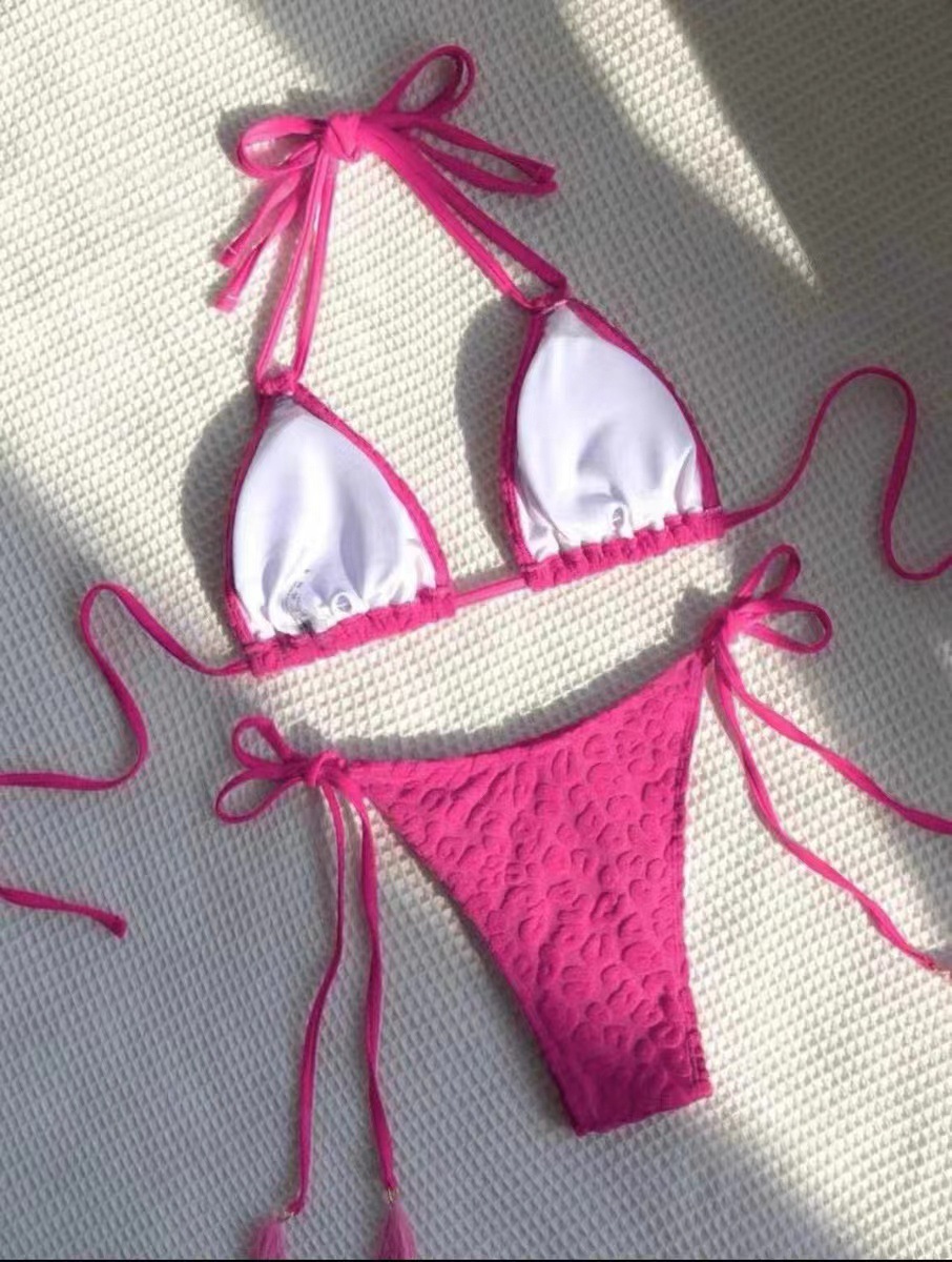 ชุดเซท บิกินี่ ชมพูบานเย็น ผ้าปั๊มดอกไม้ พร้อมส่ง SW204