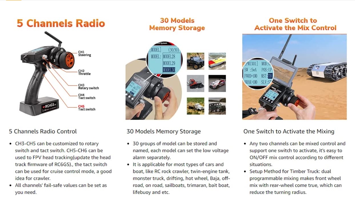 RadioLink RC4GS V3 2.4G 5CH RC Transmitter and Receiver R6FG Gyro Inside Pistol Grip Remote Controller for RC Car Boat รีโมท 5CH ฟังชั่นเพียบ สัญญาณไกล ในชุด มีรีซีฟ 1ตัว