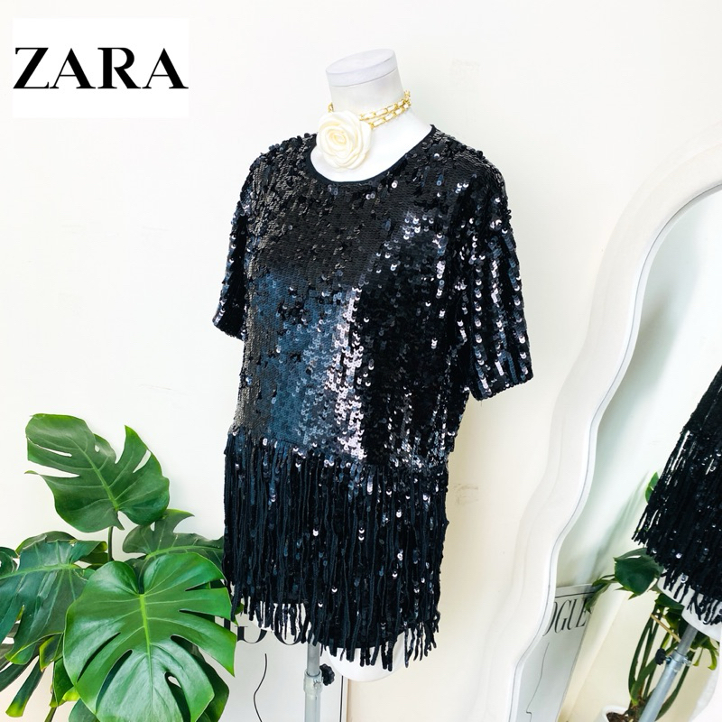 ไซด์ XXL แบรนด์ Zara แท้ 100%🌸เสื้อ แต่งตุ้งติ้ง ทรงครอป พลัสไซส์ งานเกล็ดวิบวับ สีดำสนิท ชุดออกงาน ชุดปาร์ตี้
