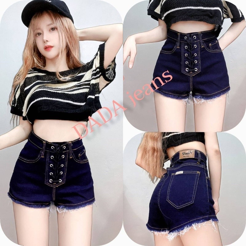 กางเกงยีนส์ขาสั้นเอวสูงผ้ายืดนิ่ม ผูกเชือกไขว้หน้า KT002