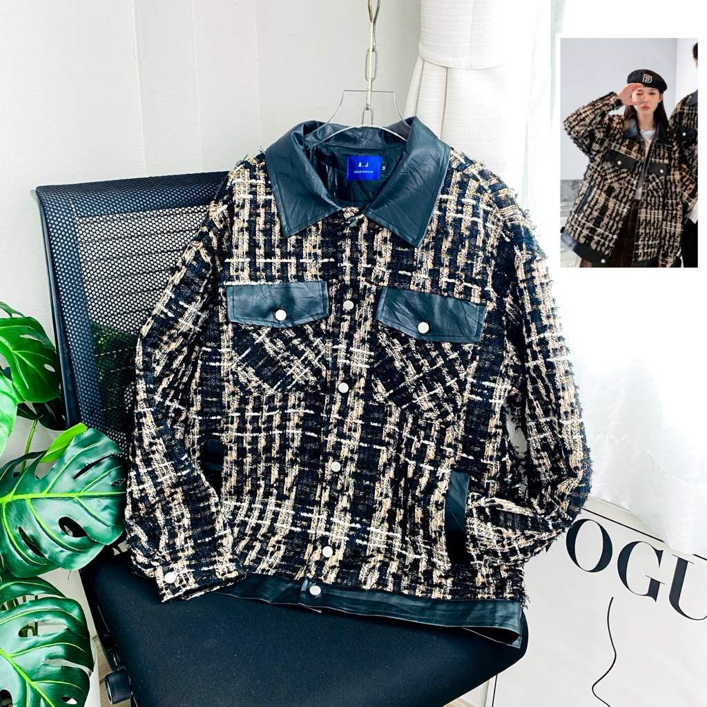 ไซด์ XL แบรนด์ AJ แท้ 100%🌸เสื้อแขนยาวผ้าทวิต กระดุมหน้า ผ้าทวิต Tweed งานวิบวับ สีน้ำตาล/ดำ ใส่ออกงาน ชุดปาร์ตี้